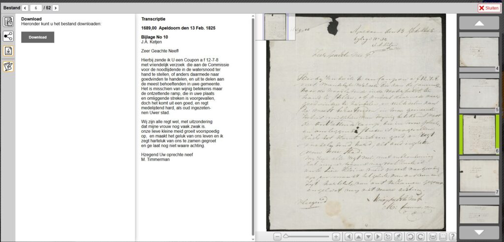 Scan met transcriptie. Brief van M. Timmerman aan zijn neef Ketjen, die penningmeester was van de commissie in Elburg.