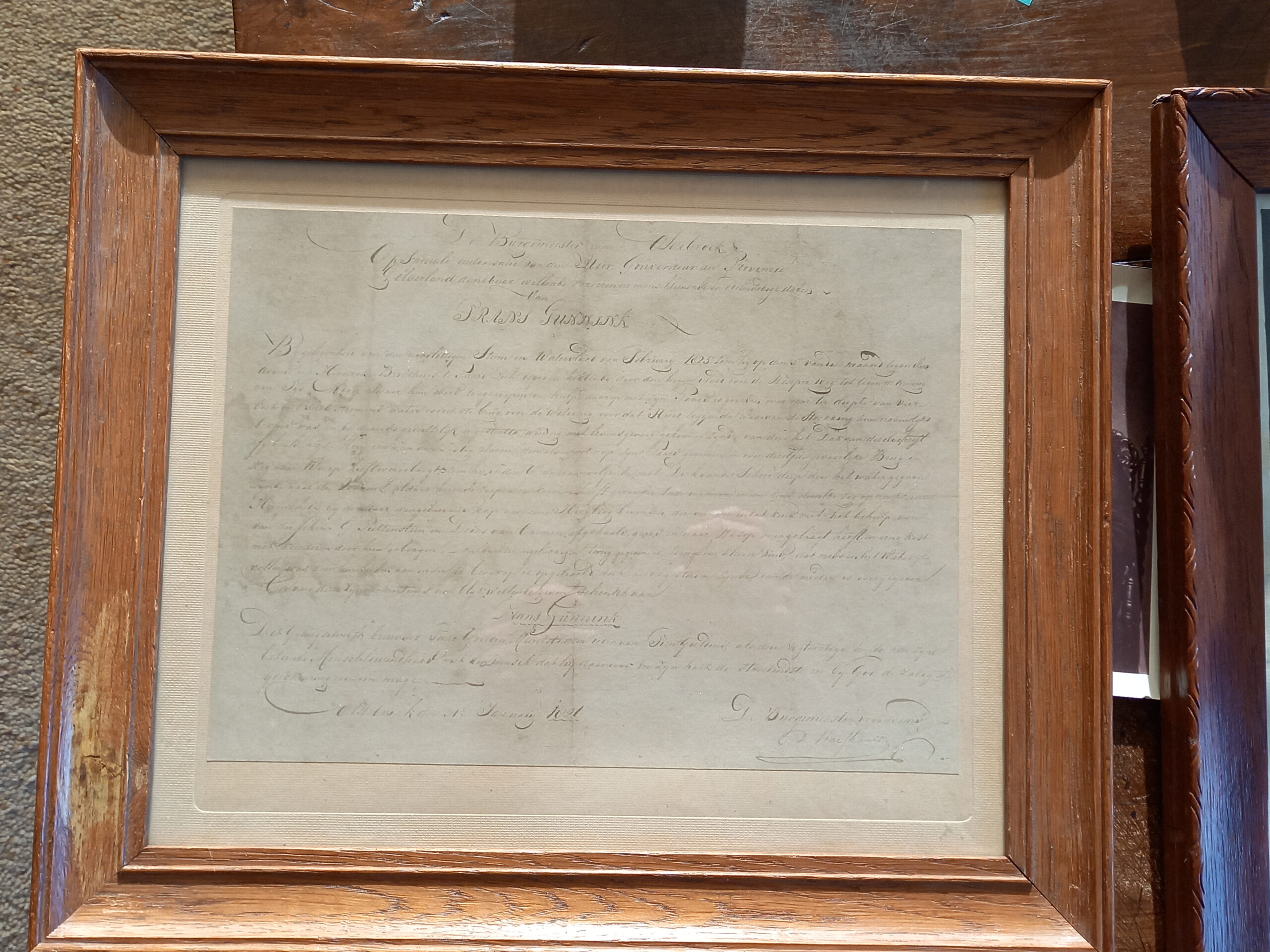 De originele oorkonde voor Frans Gunnink. De ingelijste oorkonde is nog altijd in het bezit van de familie Gunnink.