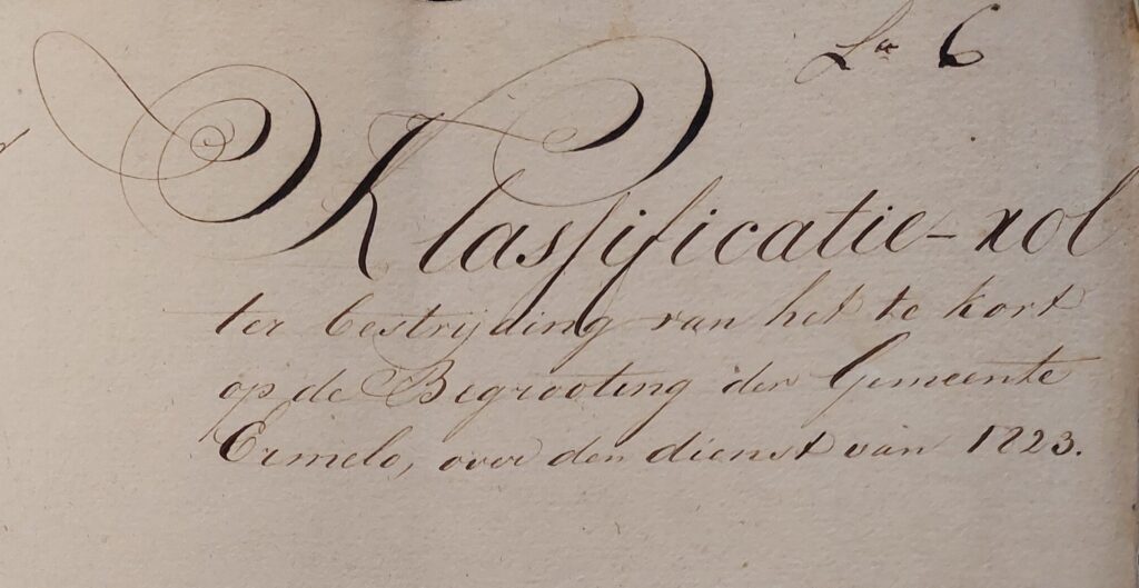 Een stuk papier met als tekst"kwalificatie-rol ter bestrijding van het tekort op de brgrooting der gemeente Ermelo over den dienst van 1823".