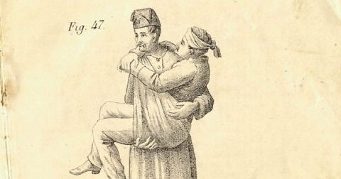 Een tekening van een man met hoed die een andere man draagt in een doek.