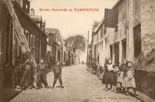 Grijs bruine prentbriefkaart met linksvoor 5 jongens en rechtsvoor 3 meiden. Ze staan op de weg met aan beide kanten huizen. Op de foto staat: Rechte Oosterwijk te Harderwijk.