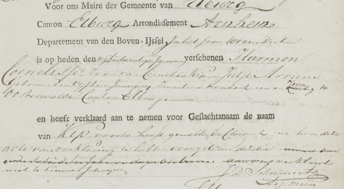 Een stuk papier met tekst van naamsaanneming Harmen Kip.