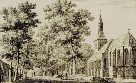 Een prentbriefkaart van een kerk die aan de rechterkant staat Daarnaast staan twee bomen. Als titel staat: Oldenbroek. Het is een zwart/wit plaatje