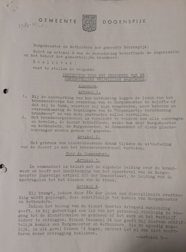 Afbeelding 3 – Voorkant Instructie voor de brandweer 1955. 1005.473
