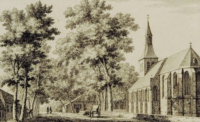Een prentbriefkaart van een kerk die aan de rechterkant staat Daarnaast staan twee bomen. Als titel staat: Oldenbroek. Het is een zwart/wit plaatje