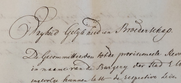 Een gedeelte van een stuk met daarop Vrijheid, Gelijkheid en Broederschap