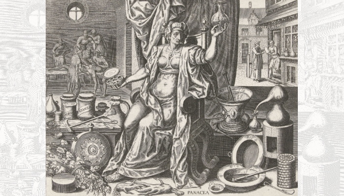 De Romeinse godin van de geneesmiddelen Panacea als personificatie van de geneeskunde. Prent uit 1574.