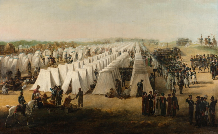 Een schilderij van een legerkamp.