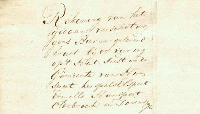 Een geschreven briefje over een rekening voor bier en kruit.