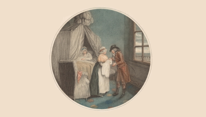 Een prent in kleur van een vrouw in bed en een vrouw die een baby aan een man geeft.